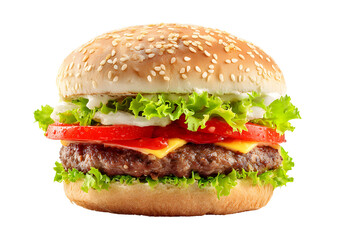 Mouth-watering burger graphic with transparent background in PNG format suitable for food-related projects and menus.