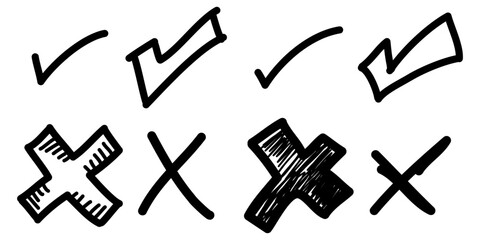 Doodle check mark and cross mark icon set. Tick symbol. checklist signs. vector illustration