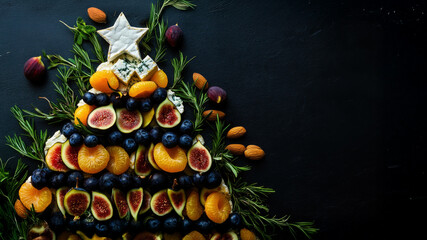 Festive fruit and nut christmas tree with figs, mandarins, and almonds on dark background. Copy space.