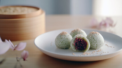 Traditional asian mochi with sweet red bean filling and sesame topping