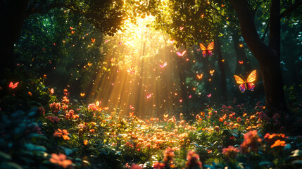 Butterflies fluttering in a vibrant meadow illuminated by soft sunlight in a serene forest setting during springtime