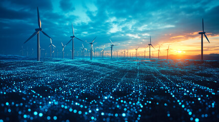 Wind turbines stand tall against a vibrant sunset illuminating the landscape filled with sparkling lights