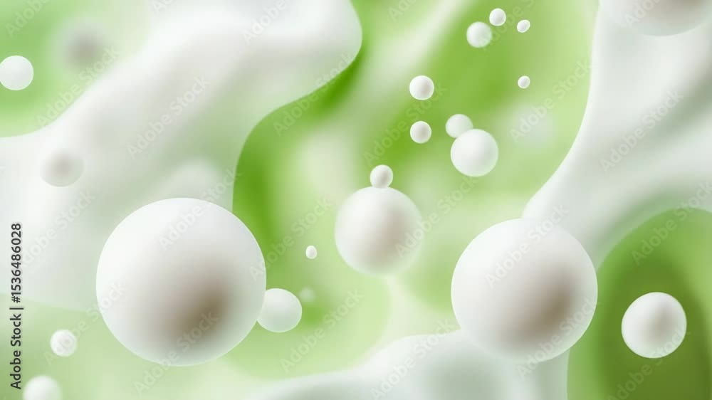Poster abstract white spheres floating on soft green fluid background in motion.