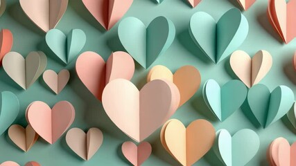Pastel paper hearts in staggered rows creating a romantic backdrop for Valentine's Day cards and feminine designs with soft color palette