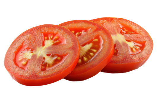 Slices of vibrant red tomato perfectly arranged promise fresh summer salads on a black canvas isolated on transparent background. Generative Ai.