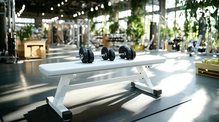 Modern gym weight bench with dumbbells bright sunlight