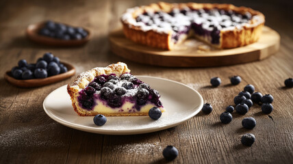 Delicious homemade blueberry and cottage cheese tart with powdered sugar on wooden table.