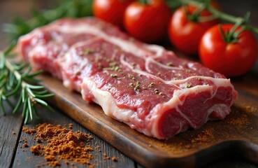 Obraz premium Raw ribs on wooden cutting board with spices tomatoes and rosemary. Uncooked pork meat ready for cooking. Meat restaurant, food blog, home cooking, healthy meal or barbecue.