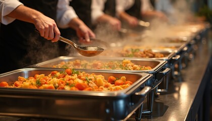 Chefs preparing steaming hot food in chafing dishes for buffet. Catering service features hot, fresh meal. Guests enjoying culinary delights at banquet dinner. Variety of dishes for selfservice.