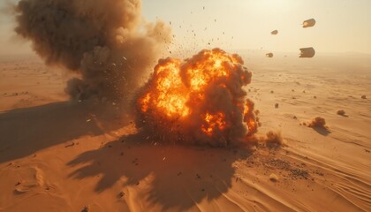 Aerial view desert explosion military strike. Blast wave with smoke dust debris. Fireball impact combat zone with metal shards flying. Warfare, impact of weapon at sunset.