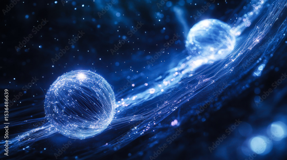 Poster digital illustration of atomic structure with glowing particles and light trails in dark background