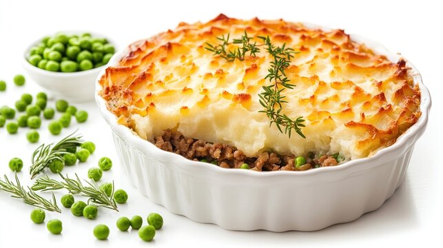 A golden-brown shepherd's pie, with a fluffy mashed potato topping, seasoned with thyme, sits in a white ramekin.  Ground meat and peas peek from beneath. 