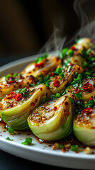 Deliciously spiced bok choy with herbs served on a ceramic plate capturing gourmet flavors indoors