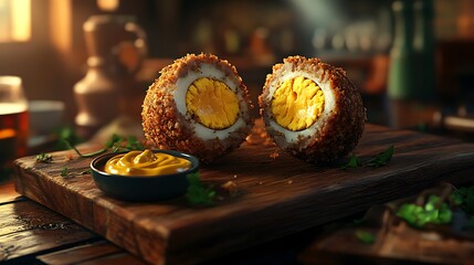 British scotch egg sliced in half to reveal a soft-boiled egg wrapped in sausage meat and golden breadcrumbs, served with mustard dip on a wooden board
