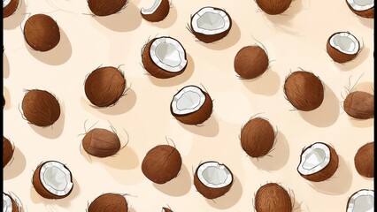 Seamless pattern with coconuts on beige background