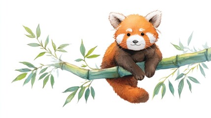 A chubby red panda sitting on a bamboo branch, watercolor style, pastel colors, soft shading, whimsical children's book illustration