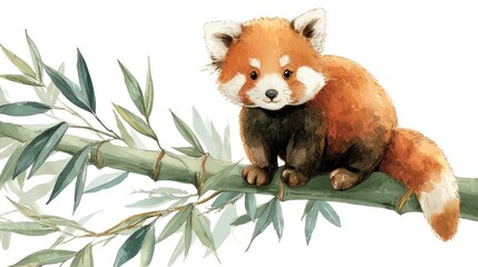 Obraz premium A chubby red panda sitting on a bamboo branch, watercolor style, pastel colors, soft shading, whimsical children's book illustration