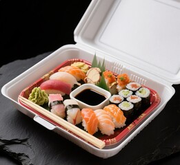 Catering Style Sushi in Plastic Box with Soy Sauce and Wasabi – Japanese Takeout on Dark Background