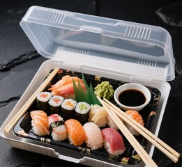 Variety of Sushi Rolls in Delivery Box – Japanese Cuisine with Soy Sauce, Pickled Ginger, and Chopsticks