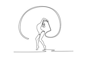 Continuous one line drawing of elegant female gymnast in stunning backbend, skillfully twirling ribbon. Capturing grace, flexibility, and precision. Single line draw design vector graphic illustration