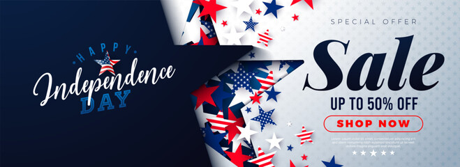 Fourth of July Independence Day Sale Banner Design with American Flag Pattern Falling Stars and Typography Lettering on Blue Background. 4th of July USA National Holiday Vector Illustration with