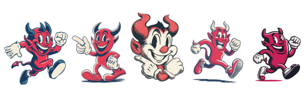Halloween devil cartoon mascot character with expressive faces and gestures