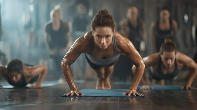 Intense hot yoga workout with determined woman in gym performing powerful poses