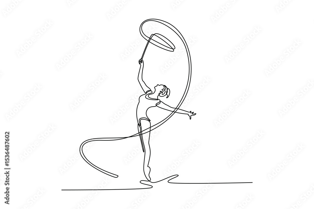 Poster continuous one line drawing gymnastics rhythmic woman dancer performance with ribbon. creative skill