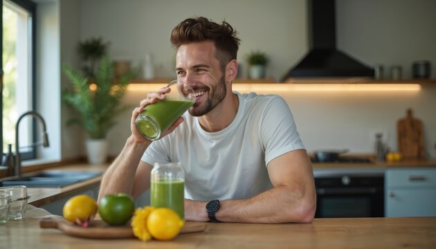 Happy man enjoys vitamin smoothie after morning workout in modern kitchen. Athlete drinks green beverage, detox cocktail. He smiles. Healthy lifestyle, fit body, nourishment concept.