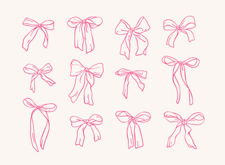 Doodle set of different bows and gift ribbons. Various hand drawn bowknots and hair accessories in sketch style. Vintage elements for decoration, invitation, present, wedding celebration, party