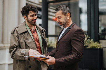 Two men engaging in a conversation while reviewing paperwork together outdoors, suggesting...