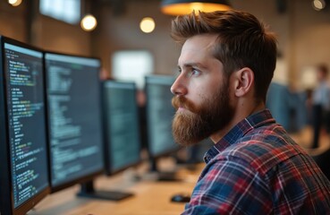Bearded IT specialist, programmer, looks at computer screen with code. Modern office interior. Man in checked shirt working with technology at workplace. IT engineer at work, solving coding tasks.