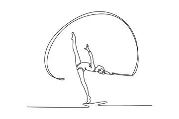 Single continuous line drawing teenager doing gymnastics dance with ribbon. Gymnast dancer sport ballerina athlete perform acrobatic exercise. Dynamic one line draw graphic design vector illustration
