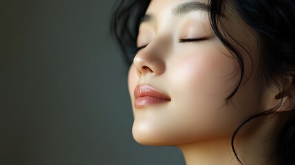 Fototapeta premium A woman with long black hair styled in a bun smiles softly with her eyes closed, tilting her head slightly upward.