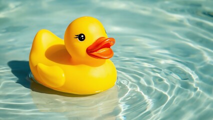 A bright yellow rubber duck floats serenely in clear, shimmering water.
