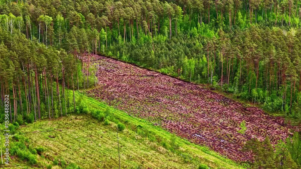 Poster drone view of deforestation site at forest edge with cleared and overgrown zones