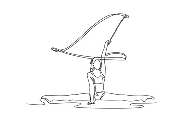 Single one line drawing beautiful and flexible graceful athlete rhythmic gymnastic artist dancing, doing stretch exercises. Beauty, art, sport. Continuous line draw design graphic vector illustration