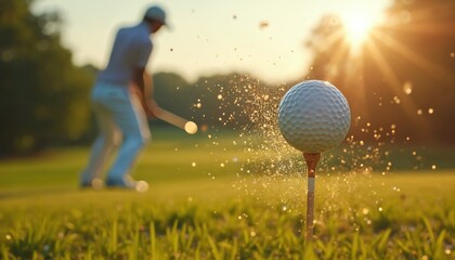 Close-up golf ball on tee with golfer in background. Ball flying from tee-off, sunlight illuminates shot. Sport, game, hobby. Pro course, outdoor recreation. Winning concept.