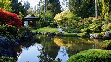 Obraz premium A tranquil japanese garden with a serene pond and lush greenery.
