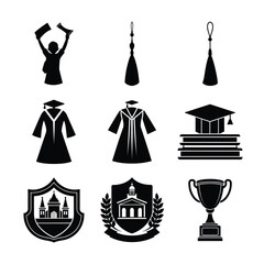 Fototapeta premium Retro style graduation accessories and decor icons Silhouette Vector illustration