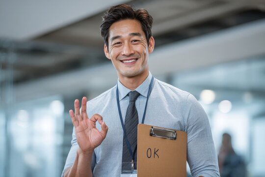 Cheerful Asian man office worker in business attire smiling and holding a clipboard marked OK while making a hand gesture
