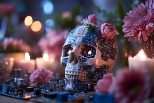 Ofrenda for artificial intelligence robot skull, sci-fi themed altar with candles and flowers, symbolizing digital memory and legacy 
