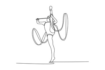 Single one line drawing young girl, professional rhythmic gymnast athlete in motion, making performance with ribbon. Contemporary art collage. Continuous line draw design graphic vector illustration
