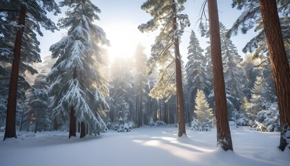 Obraz premium Snow-covered pine trees in a tranquil winter forest, soft sunlight filtering through the branches