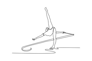 Single one line drawing flexible teen girl rhythmic gymnast in motion, exercise with ribbon. Sport, beauty, competition, flexibility, active lifestyle. Continuous line draw design vector illustration