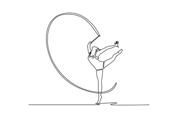 Continuous one line drawing talented teen girl rhythmic gymnast performing with ribbon, artistic dancing. Sports, beauty, grace, competition, art. Single line draw design vector graphic illustration