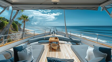Fototapeta premium Serene Yacht Deck Overlooking Tranquil Ocean and Sandy Beach