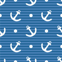 Tile sailor vector pattern with white anchor and polka dots on navy blue stripes background