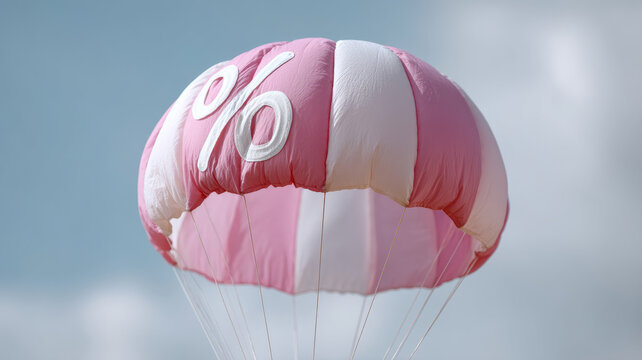 Pink parachute with percentage sign against a blue sky. - Powered by Adobe
