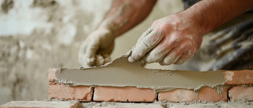 A close-up of a bricklayer smoothing mortar on bricks, with a half-built wall in the background, Bricklaying scene